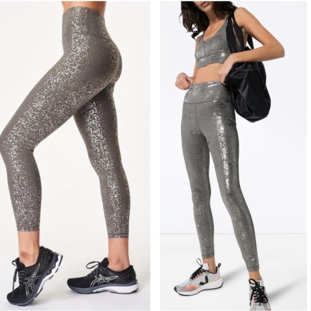 Sweaty Betty Leggings Silver Goddess 7/8 Workout Grey Terrazzo Foil